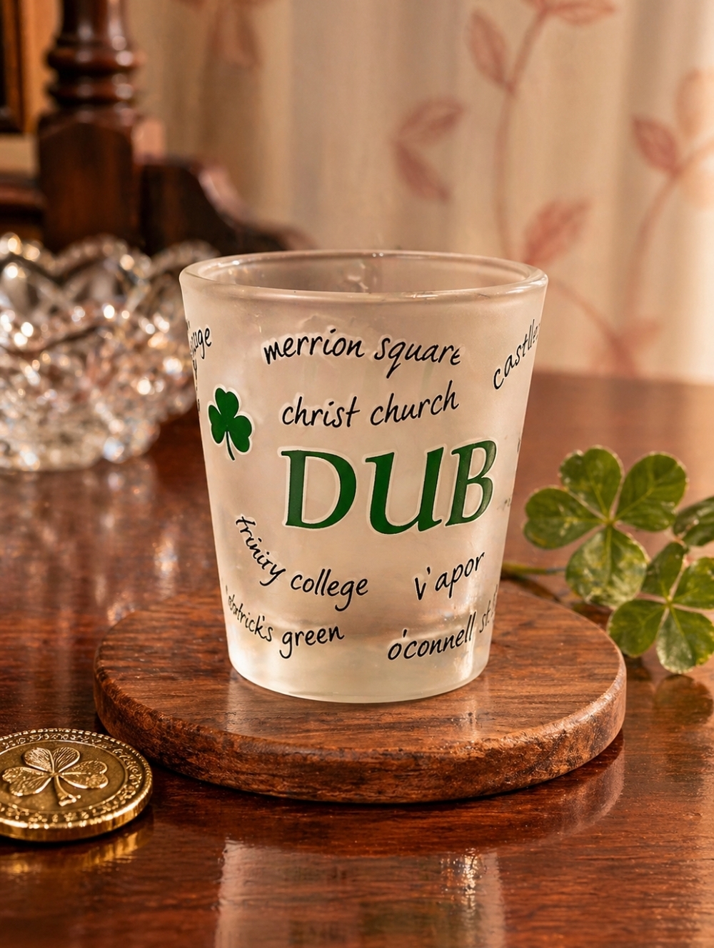 Dublin Frosted Shot Glass with Green Shamrock Design